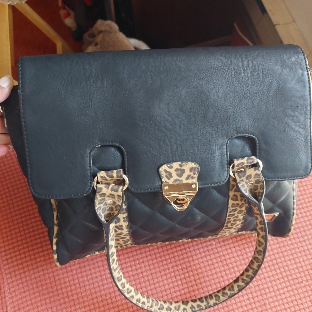 Joanel Quilted & Plain Black & Faux Leopard Trim Handbag (Large)